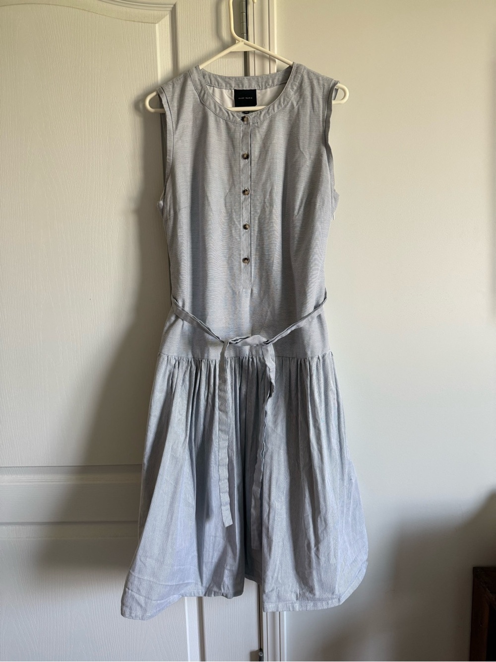 Alex Marie drop waist pinstripe Button-Front Midi Dress with Tie Waist